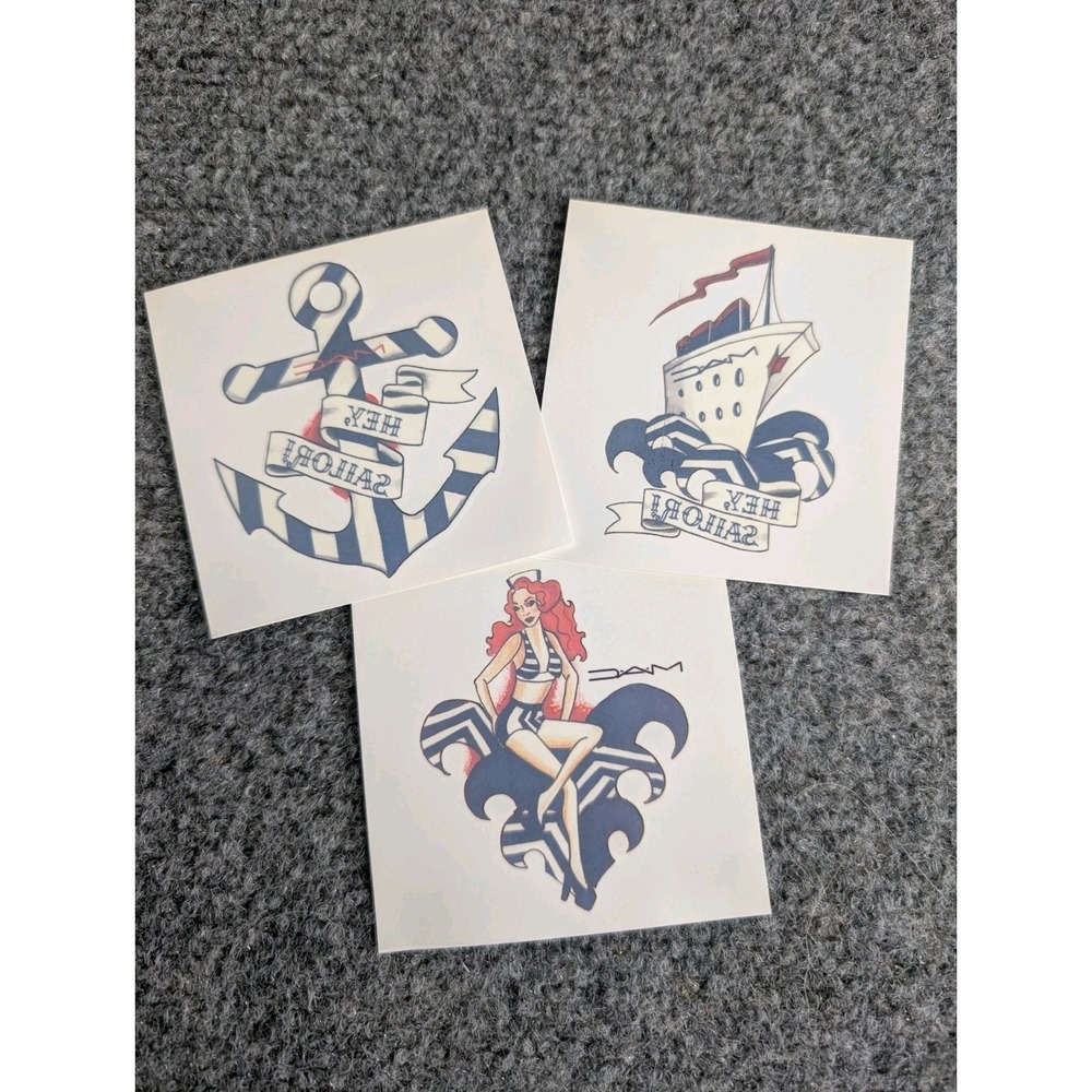 Pack Of 3 MAC Cosmetics Temporary Tattoos Hey Sailor Girl Nautical Rare HTF 3x3"